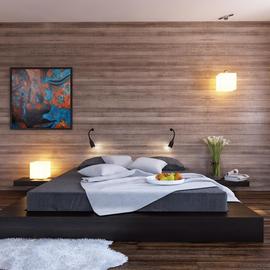 Muurdecoratie achterwand slaapkamer hout structuur look 